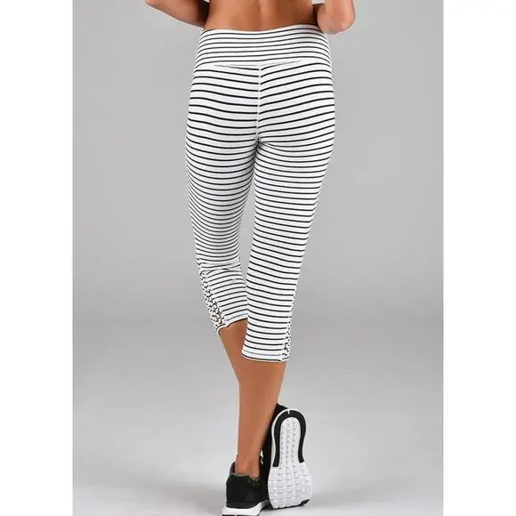 Glyder Striped Capri Leggings Lattice Hem Athleisure High Rise L - Picture 2 of 8